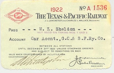 1922 T&P Texas & Pacific Railway Mitarbeiterpass - Gulf Colorado & Santa Fe