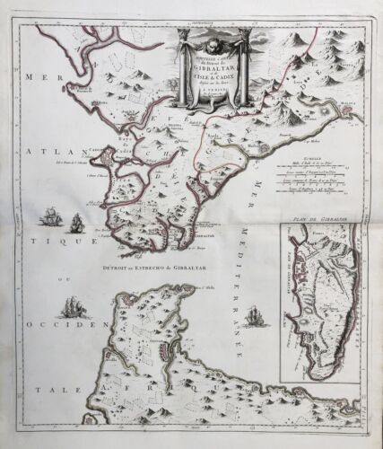 Gibraltar Cadiz España Espagne Tanger Tetouan Morocco Map Carte Santini - Afbeelding 1 van 1