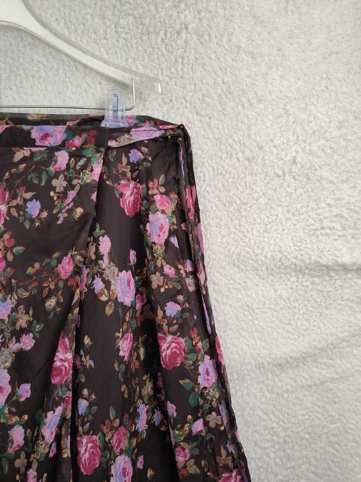 Falda Laura Ashley Mujer Grande Marrón Floral 100% Poli Envoltura Volantes Cottagecore Media Foto 3 de 4