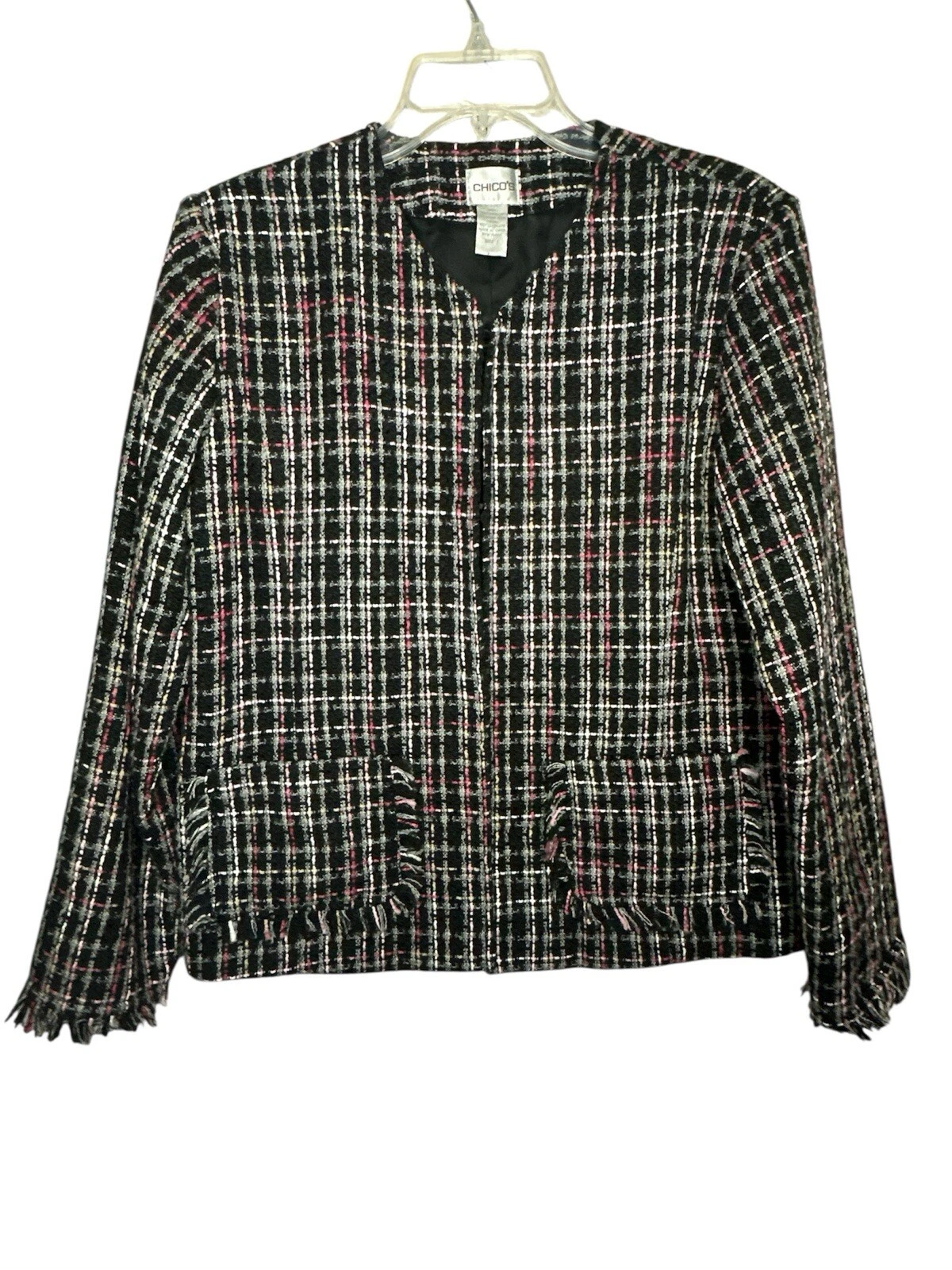 CHANEL Giacca CHICOS tweed blazer donna bordo frange nero e rosa taglia 1 XL tasche cappotto