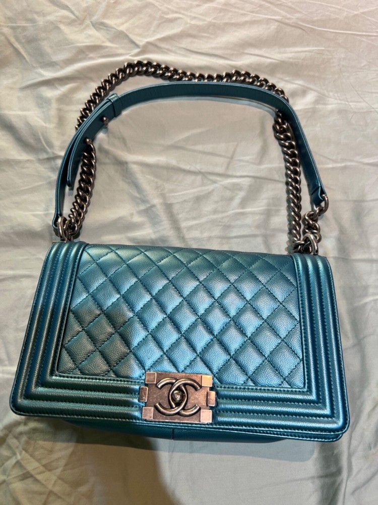 Authentic Chanel Boy Flap Blue Quilted Metallic Caviar Med Purse