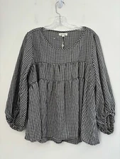 Max Studio Top Womens M Gingham Black/White Smocked Pleats Balloon Sleeve