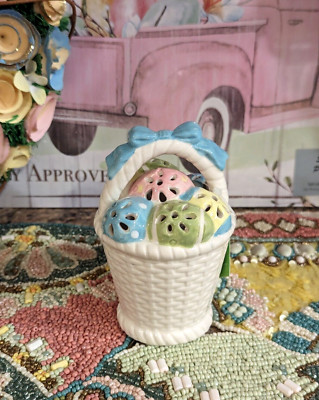 EASTER Ceramic Light Up LED Basket with Pastel Easter Eggs & Blue Bow