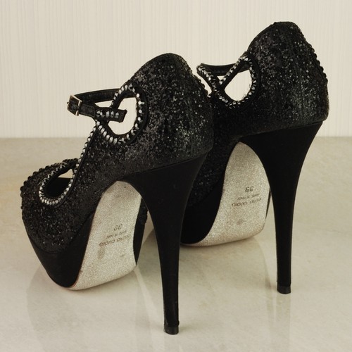 LORIBLU Nero Diamante Mary Jane Punta aperta Tacco a spillo Platform Corti UK6 EU39 - Foto 8 di 17