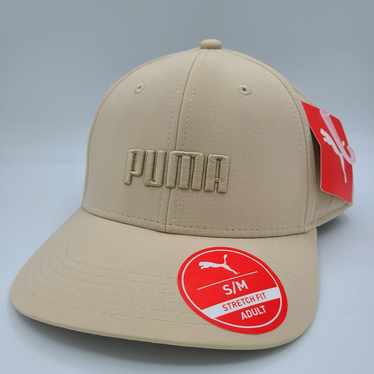 PUMA Hat Light Khaki Tan Light Baseball Cap White Cat Logo Stretch Fit S/M  Golf