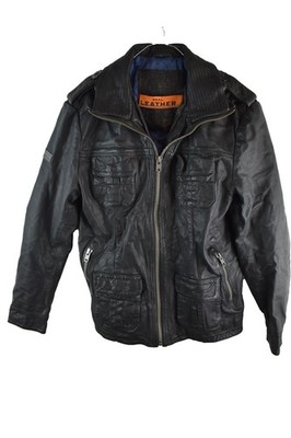 SUPERDRY Black Leather Biker Jacket Chest size 42'' Mens Full Zip Bomber Casual