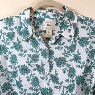 Cynthia Rowley 100% Linen Button Up Shirt Women's L Floral Coastal Beachy Vacay