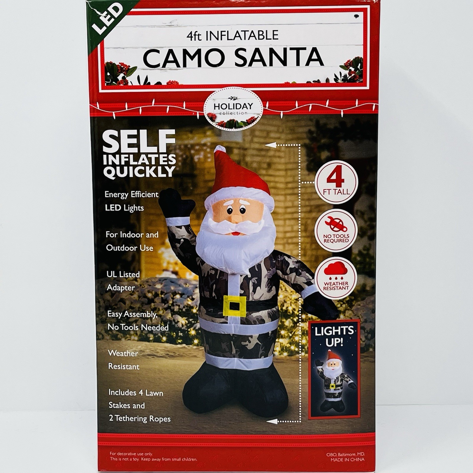 Holiday Collection 4 FT Inflatable LED Camo Santa Claus Christmas Yard Decor NEW