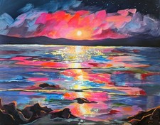 Quadro originale su tela. Paesaggio costiero. Tramonto sull'oceano. Paesaggio marino. 11x14"