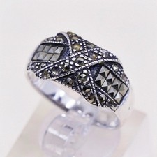 sz 9, vtg Sterling silver handmade ring, 925 cross band w/ beads, stamped 925