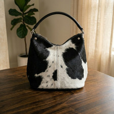 Cowhide Hair on Leather Hobo Bag Handmade Tote Purse Black White Shoulder Bag