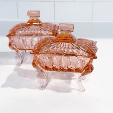2 De Colección Rosa Depresión Tapa de Vidrio Patas Curvas de Piano Patas Baratija Tocador Caja Plato