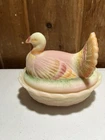 FENTON Art Glass Burmese Uranium TURKEY Hen ON A NEST Lidded Candy Dish Signed