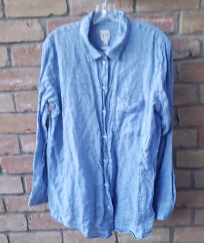 GAP Blue Linen Shirt Womens Sz L Roll Tab Sleeves Collared Button Front