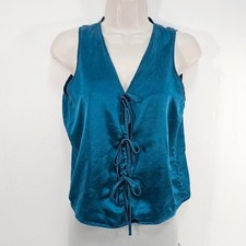 Vintage Victoria  s Secret Gold Label Teal Silk Lace-Up Tank Top Size Petite
