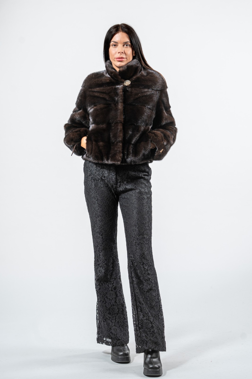 Real Fur Mink Mahogany (Dark Brown) Horizontal Short Jacket With Collar