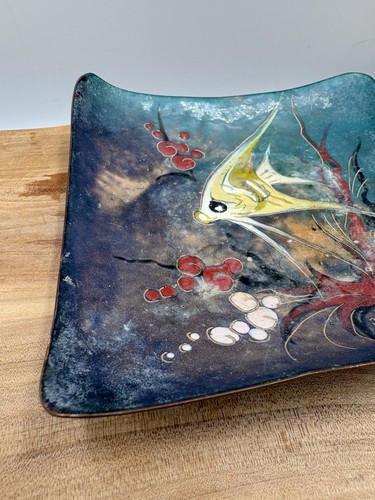 Vintage Mid Century Enamel On Copper Angel Fish Trinket Dish Artist Signed MCM - Picture 5 of 11