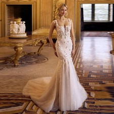 Trendy Mermaid Wedding Dress Women Square Collar Lace Appliques Zipper Tulle HOT