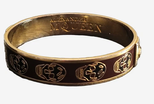 Bracciale Vintage Alexander McQueen Iconico Smalto Teschio Bracciale In Borgogna