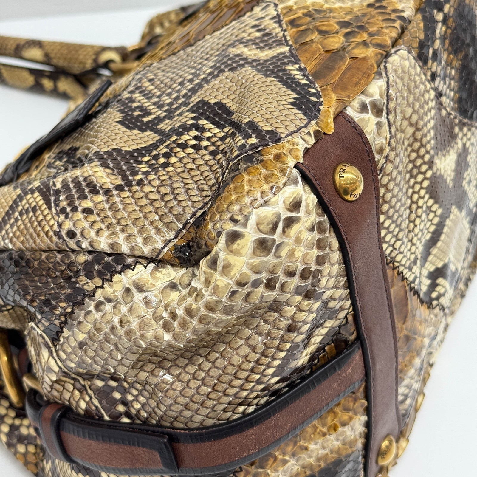 PRADA Patchwork Brown Python Print Embossed Leath… - image 9