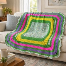 VTG Afghan Crochet Throw Lap Blanket Baby Nursery Colorful Handmade 40x42 EUC