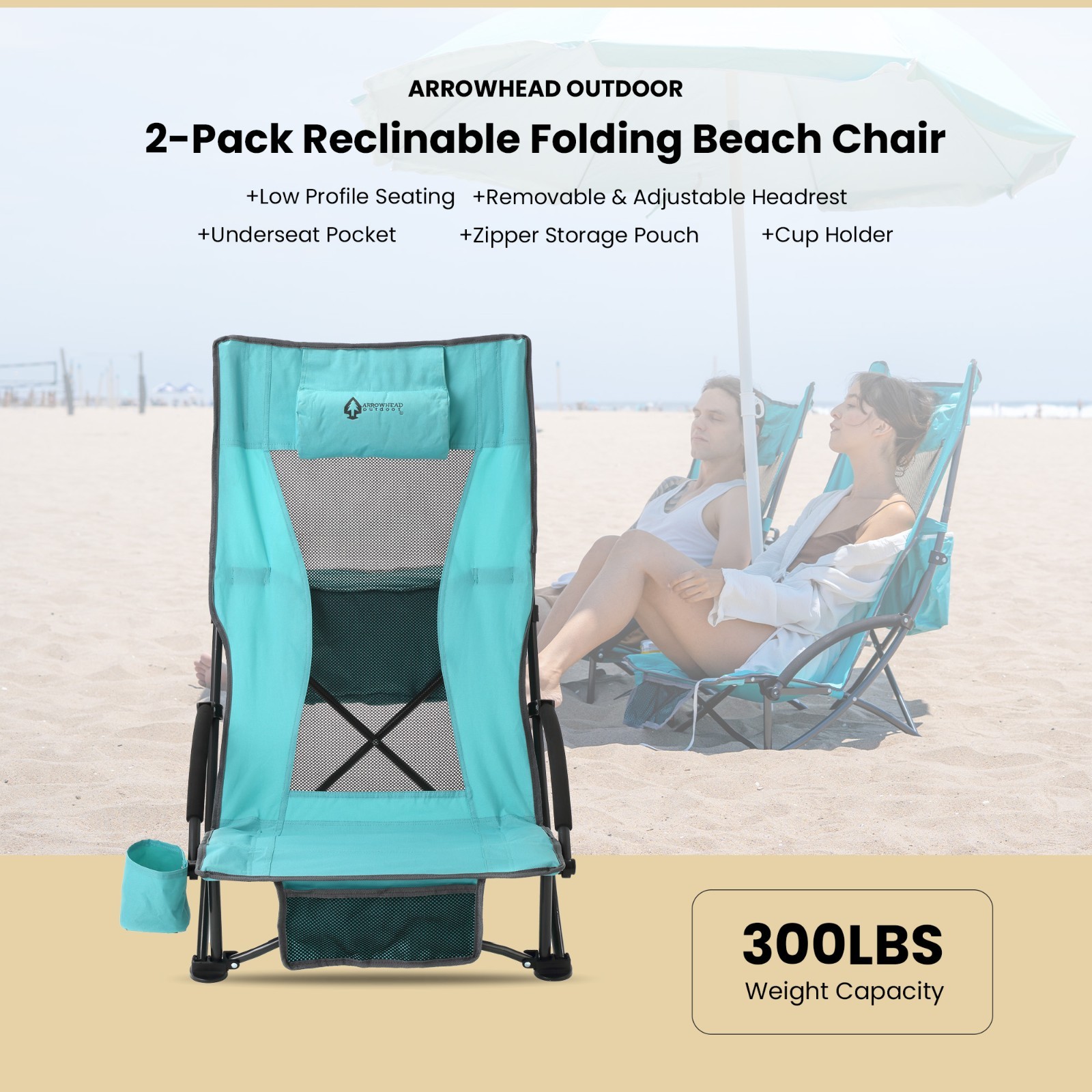 2PC Low Sitting 20° Reclinable Folding Beach Chair w/ Headrest Foam Armrest Blue