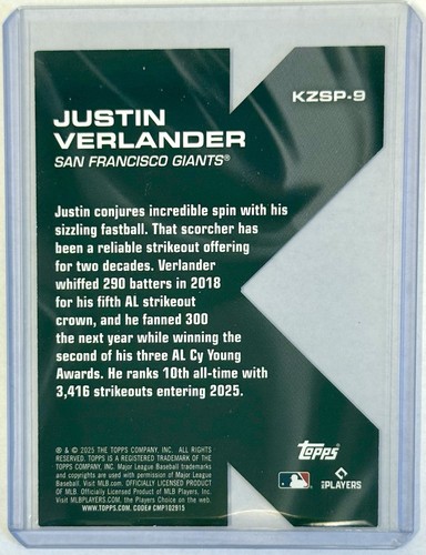 2025 Topps Series 2 Justin Verlander Backwards K-Zone (KZSP-9) - Short Print - Picture 3 of 3