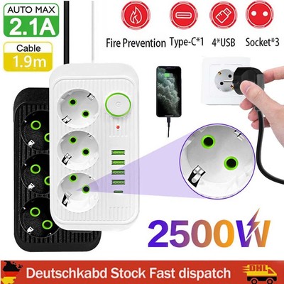 Steckdosenleiste 3-Fach 4 USB Mehrfachsteckdose mit Flachstecker und Schalter DE