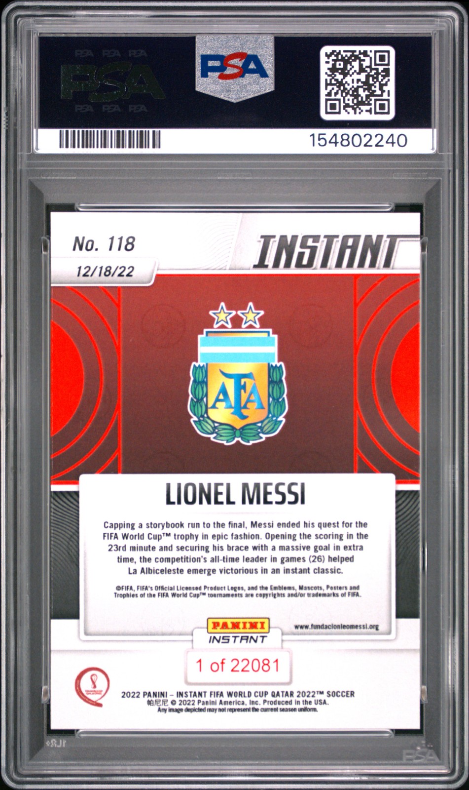 2022 PANINI INSTANT FIFA WORLD CUP QATAR #118 LIONEL MESSI PSA 10 view 2