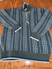 Nordic Fair Isle Wool Quarter Zip Sweater Winter Geo OXO Pattern M Green Grandpa