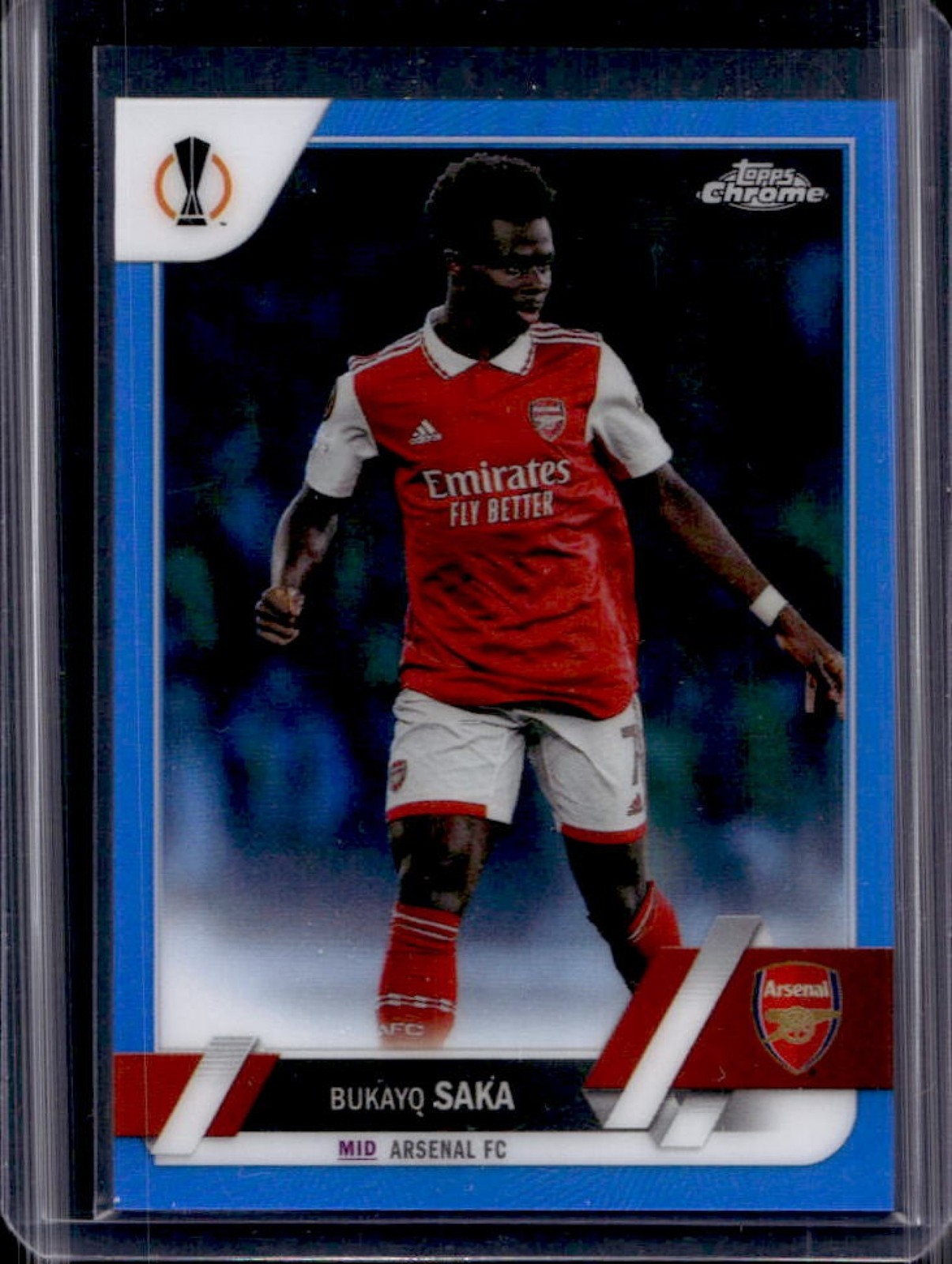 2022-23 Topps Chrome UEFA Bukayo Saka Blue Refractor #/150 Arsenal view 1