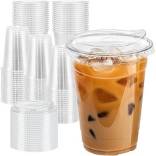 16 oz 100 Pack Clear Plastic Cups with Lids, Sturdy Iced Coffee Cups Disposable