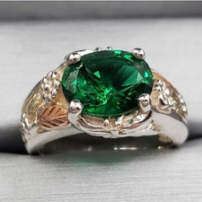 Sterling Silver and 12k Rose  Yellow Gold Simulated Green Emerald Flower Ring
