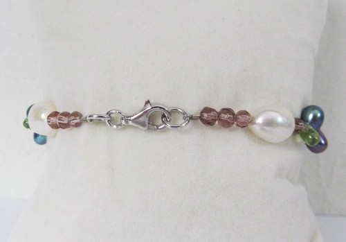 Genuine Amethyst Peridot Pearl Station Bracelet (7"-7.5" wrist) Sterling Silver - Picture 6 of 12