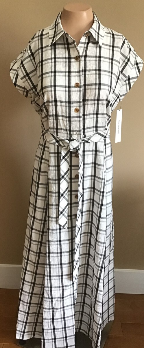 NWT CALVIN KLEIN Gauze Windowpane Midi Shirtdress Belted Short