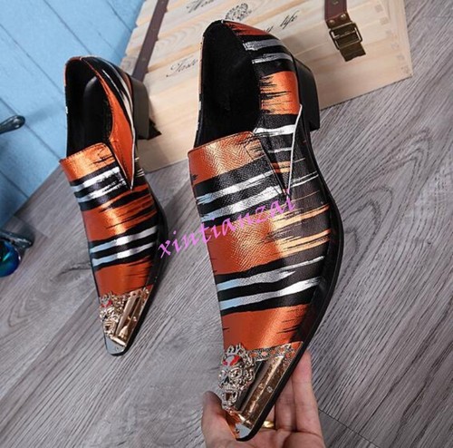Men Pointy Metal Toe Leather Dress Clubwear Shoes Stripe British Loafers Plus Sz - Picture 9 of 13