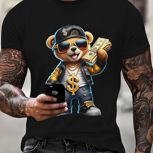 T-shirt uomo modello orso hip hop - casual stampata in 3D manica corta, traspirante - Foto 7 di 7