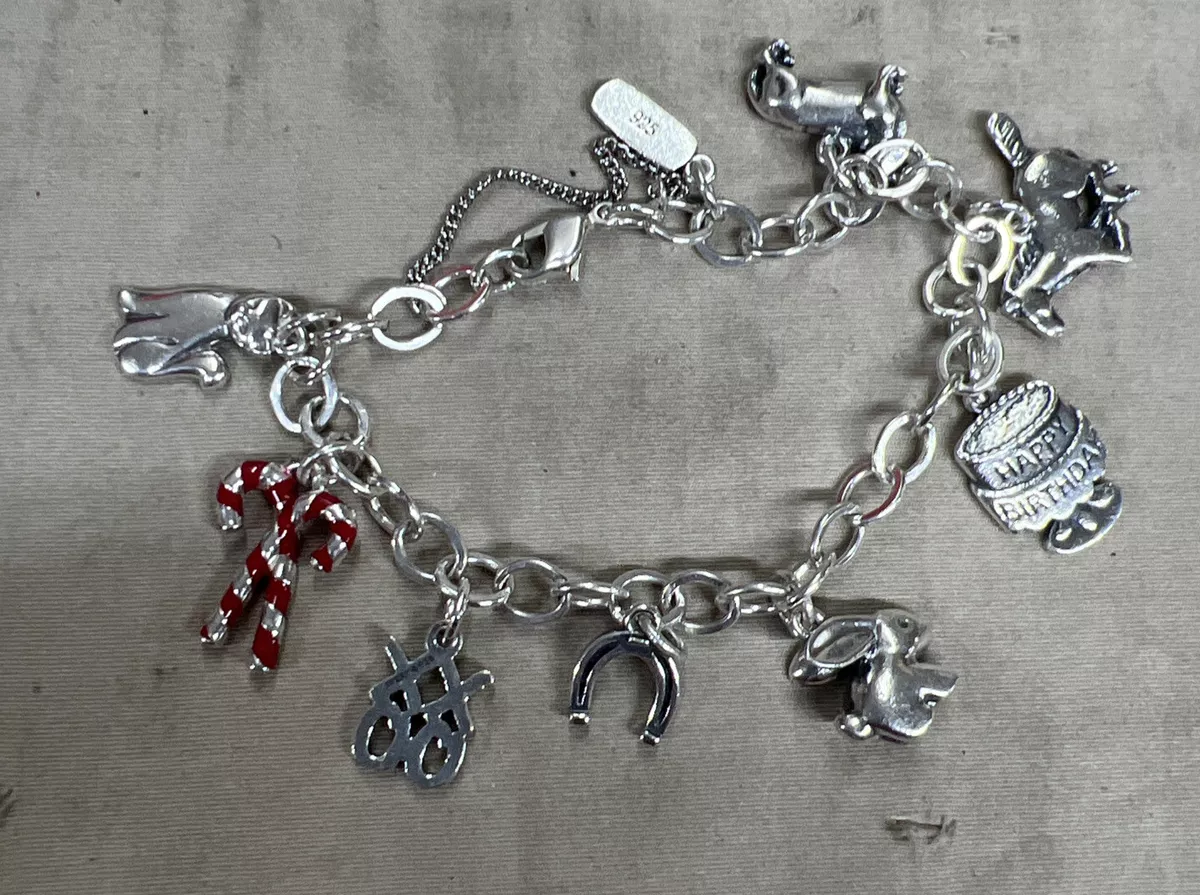JAMES AVERY STERLING 7 LINK CHARM BRACELET 8 Charms Rabbit Horse Cat Candy Cane