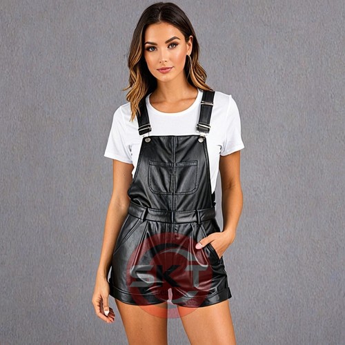 Damen echt schwarz weiches Leder Overall Latz Strampler kurz Overall Party Club - Bild 1 von 3