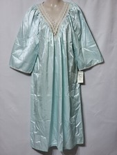NEW VINTAGE DEENA WOMEN'S SILKY LONG BLUE NIGHTGOWN BELL SLEEVES LACE TRIM SMALL