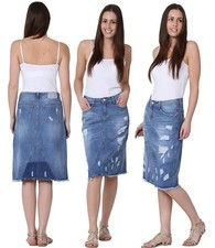 Ladies Denim Midi Skirt Distressed Ripped Knee Length Jean Skirt