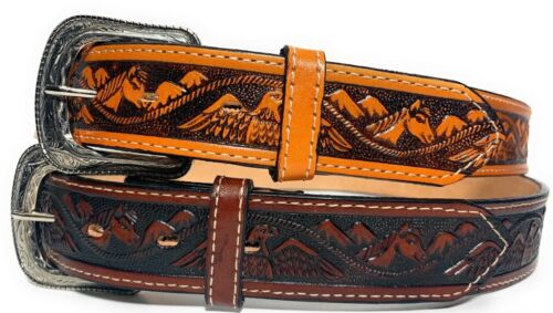  WESTERN STYLE EAGLE LEATHER BELT. COWBOY TOOLED LEATHER BELT  EAGLE EMBOSSED - Picture 1 of 10