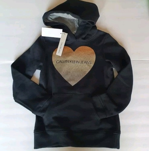Calvin Klein Long Sleeve Hoodie Sweatshirt Heart Sparkle Size S (7) Black Gold - Picture 2 of 4