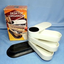 Vintage MCM Pen Holder Desk Organizer Nesting Swivel Trays 4 Tier Black Grey