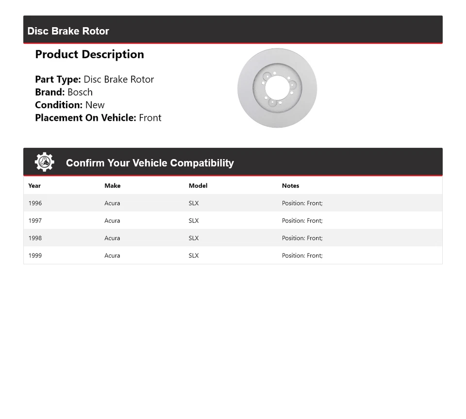 Для 1996-1999 Acura SLX Bosch тихий литой дисковый тормоз ротор передний 1997 1998 - Изображение 2 из 4