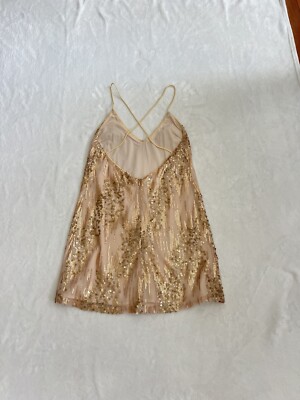 TOBI Gold Sequins Mesh Low Back Crossed Straps Lined Mini Cocktail