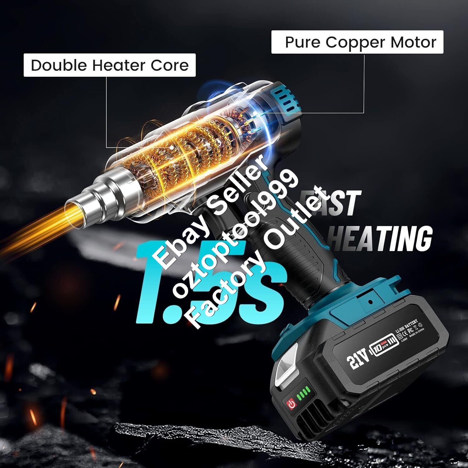 2100W Cordless Heat Gun Hot Air Gun 1.5s heating 300580℃ For Makita