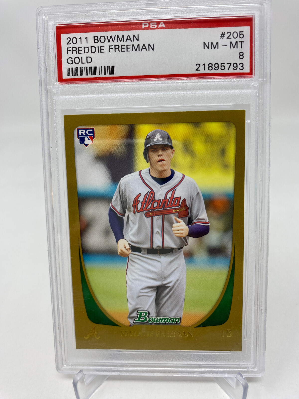 2011 Bowman #205 Freddie Freeman Gold PSA 8 Rookie Card RC view 3