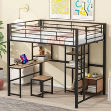 Metal Loft Bed with Desk and Stool Full Size Loft Bed Frames w/ Storage Wardrobe