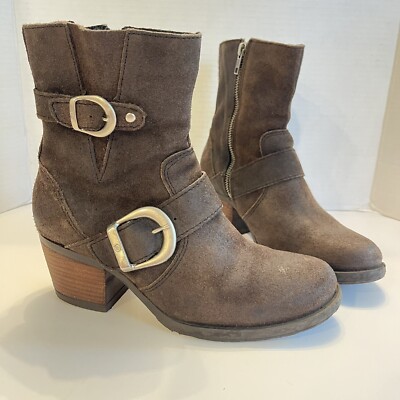 BORN Womens Boots Brown Suede Leather Double Straps Buckles Zip Size US